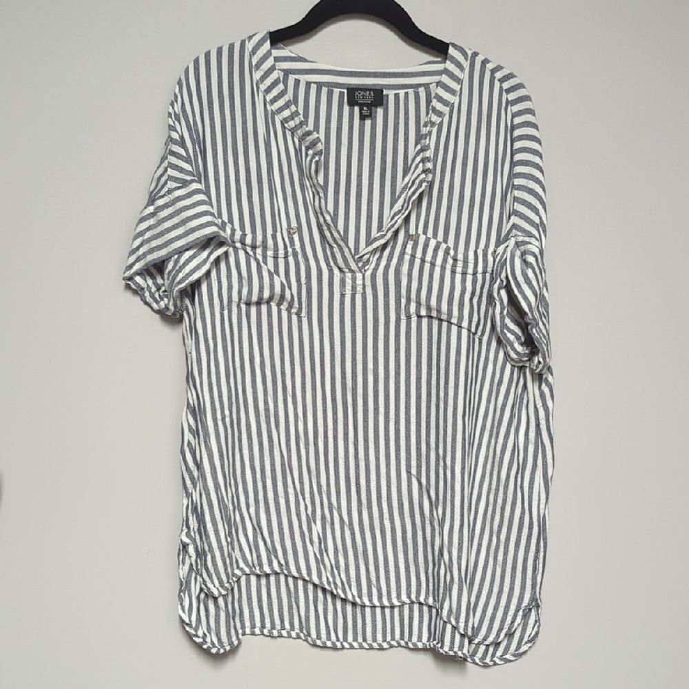 Jones New York Gray and White Striped Button Down Shirt